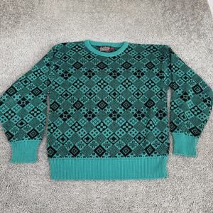 Vintage Newcastle Knits Sweater Mens Large Green Geometric Knit Pullover 80s